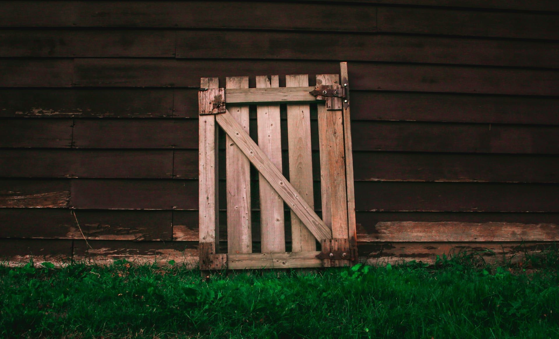 A wood fence gate with hardware in a back yard